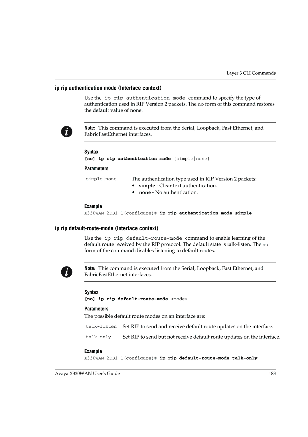 Avaya X330WAN manual Ip rip authentication mode Interface context, Ip rip default-route-mode Interface context 