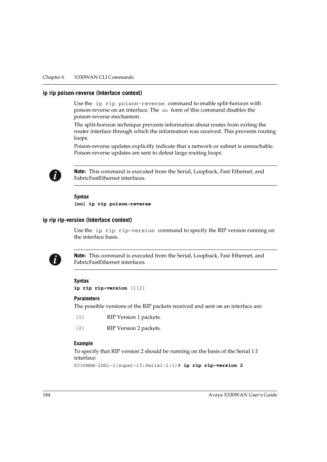 Avaya X330WAN Ip rip poison-reverse Interface context, Ip rip rip-version Interface context, No ip rip poison-reverse 