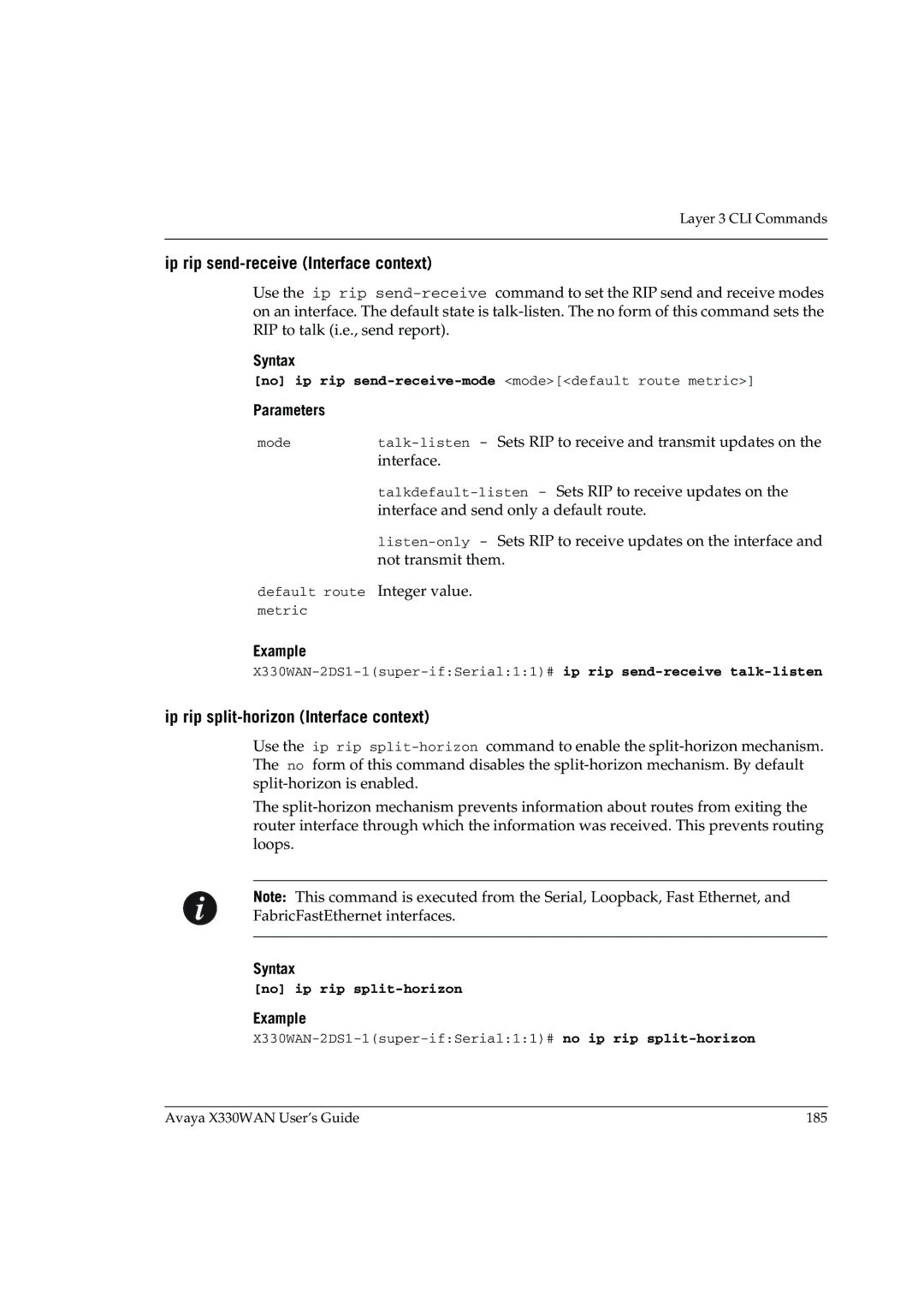 Avaya X330WAN manual Ip rip send-receive Interface context, Ip rip split-horizon Interface context, No ip rip split-horizon 