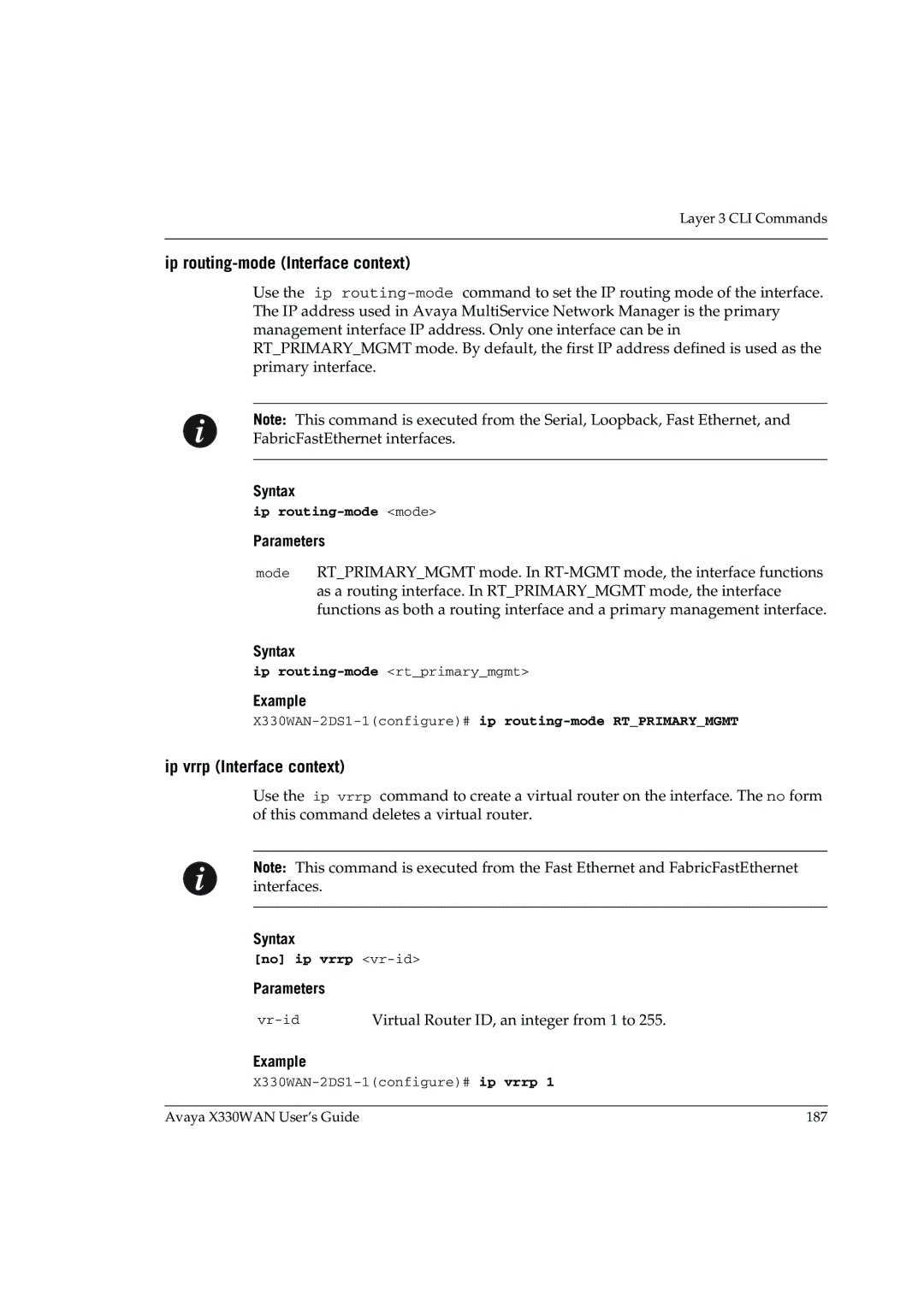 Avaya X330WAN manual Ip routing-mode Interface context, Ip vrrp Interface context, Ip routing-mode mode, No ip vrrp vr-id 