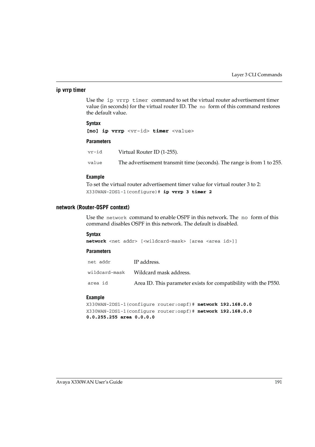 Avaya X330WAN manual Ip vrrp timer, Network Router-OSPF context, Area 