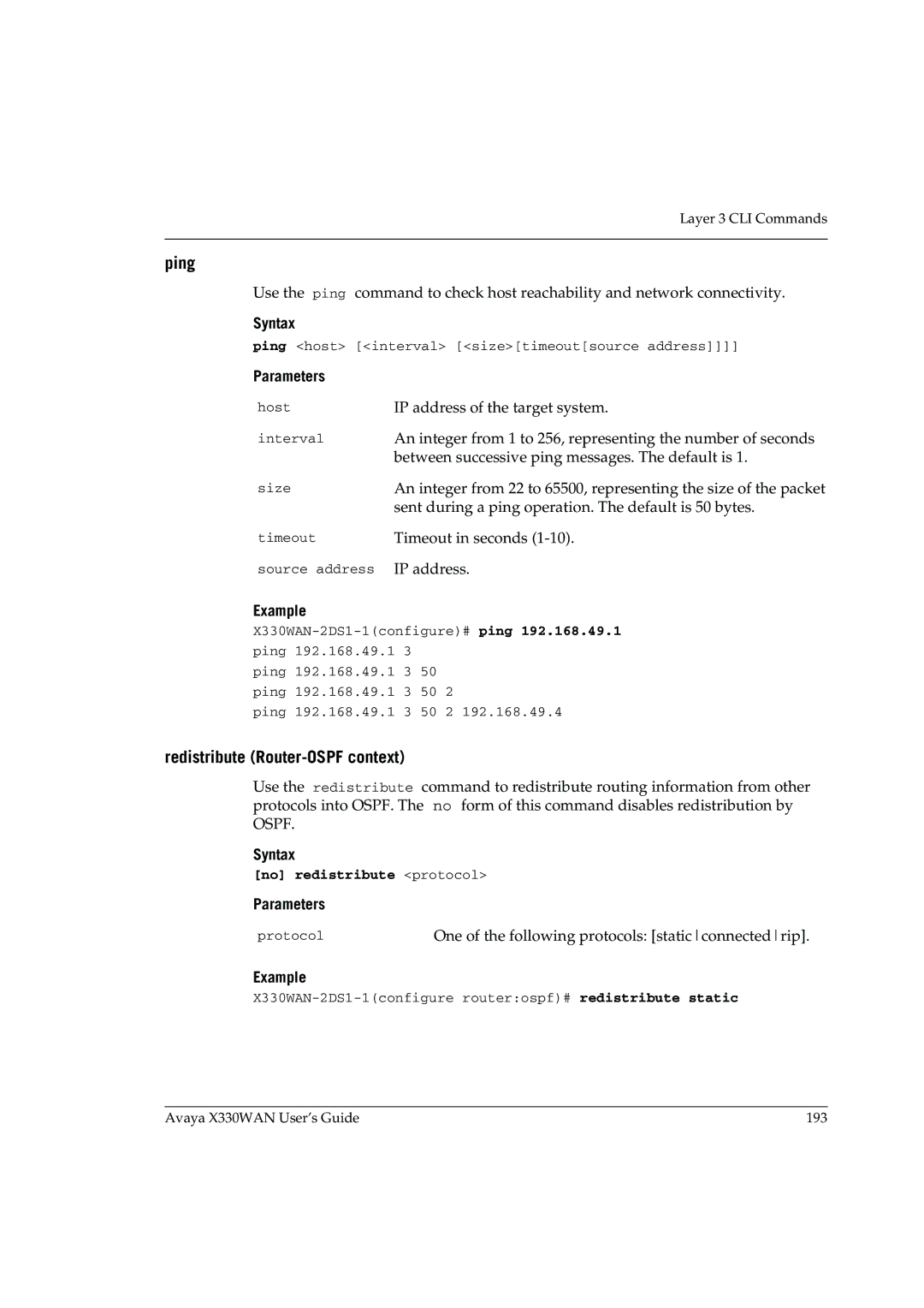 Avaya X330WAN manual Ping, Redistribute Router-OSPF context, No redistribute protocol 