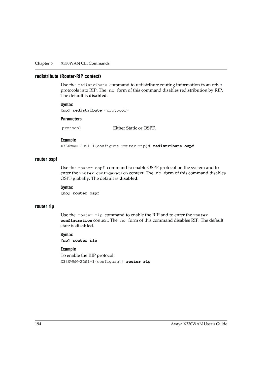 Avaya X330WAN manual Redistribute Router-RIP context, Router ospf, Router rip, No router ospf, No router rip 