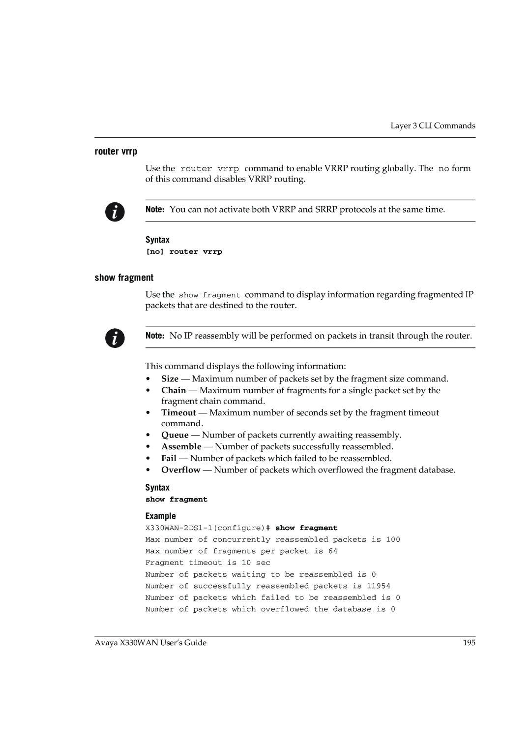 Avaya X330WAN manual Router vrrp, Show fragment, No router vrrp 