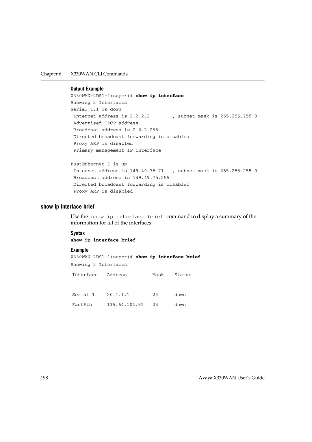 Avaya X330WAN manual Show ip interface brief 