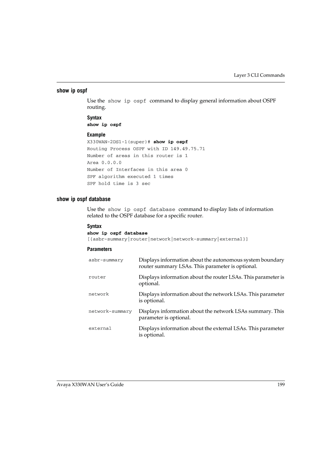 Avaya X330WAN manual Show ip ospf database 