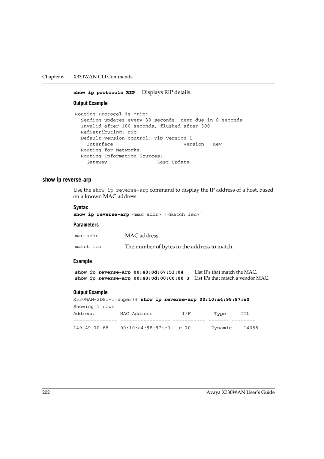 Avaya X330WAN manual Show ip reverse-arp, MAC address, Number of bytes in the address to match 