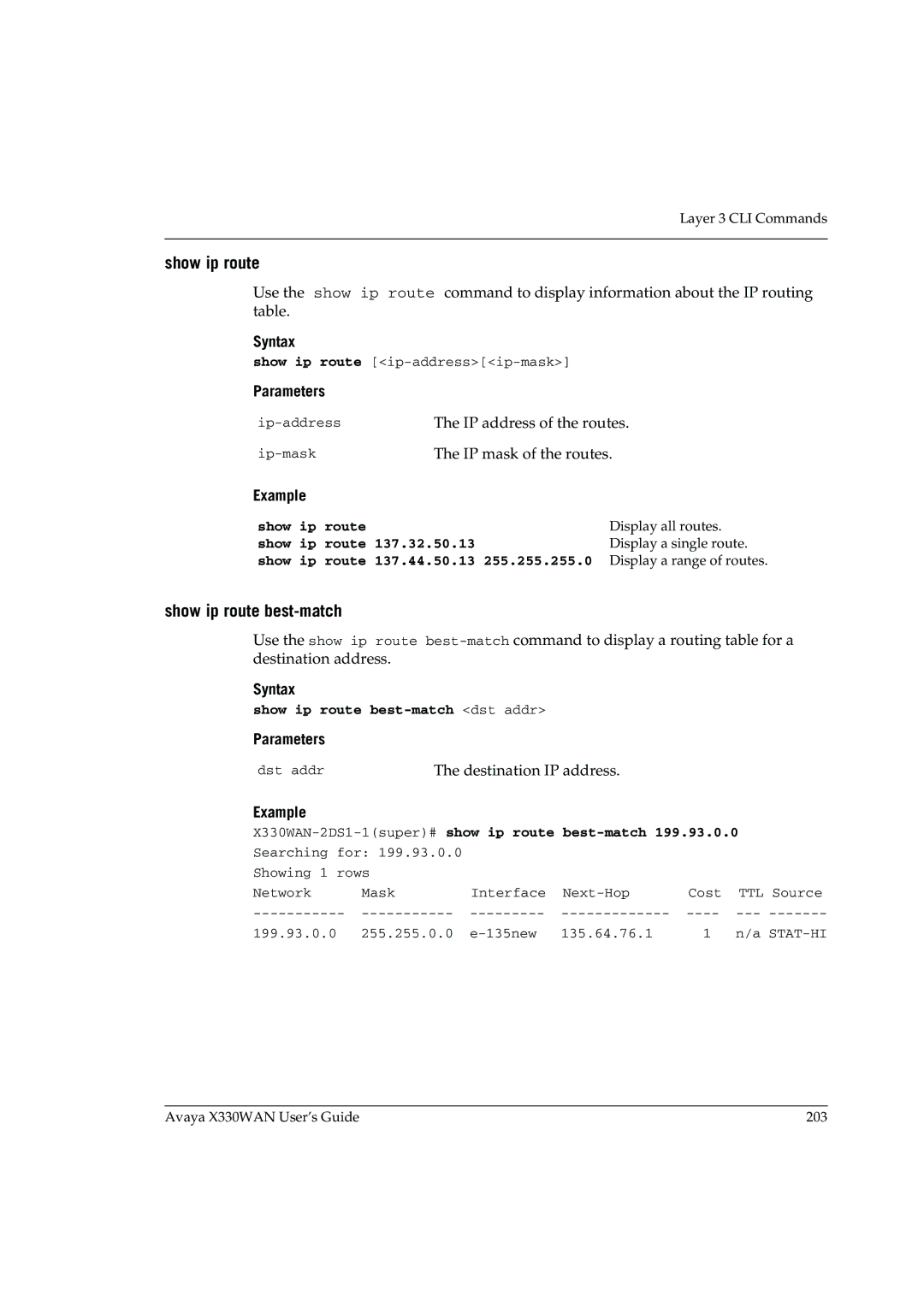 Avaya X330WAN manual Show ip route best-match, Destination IP address 