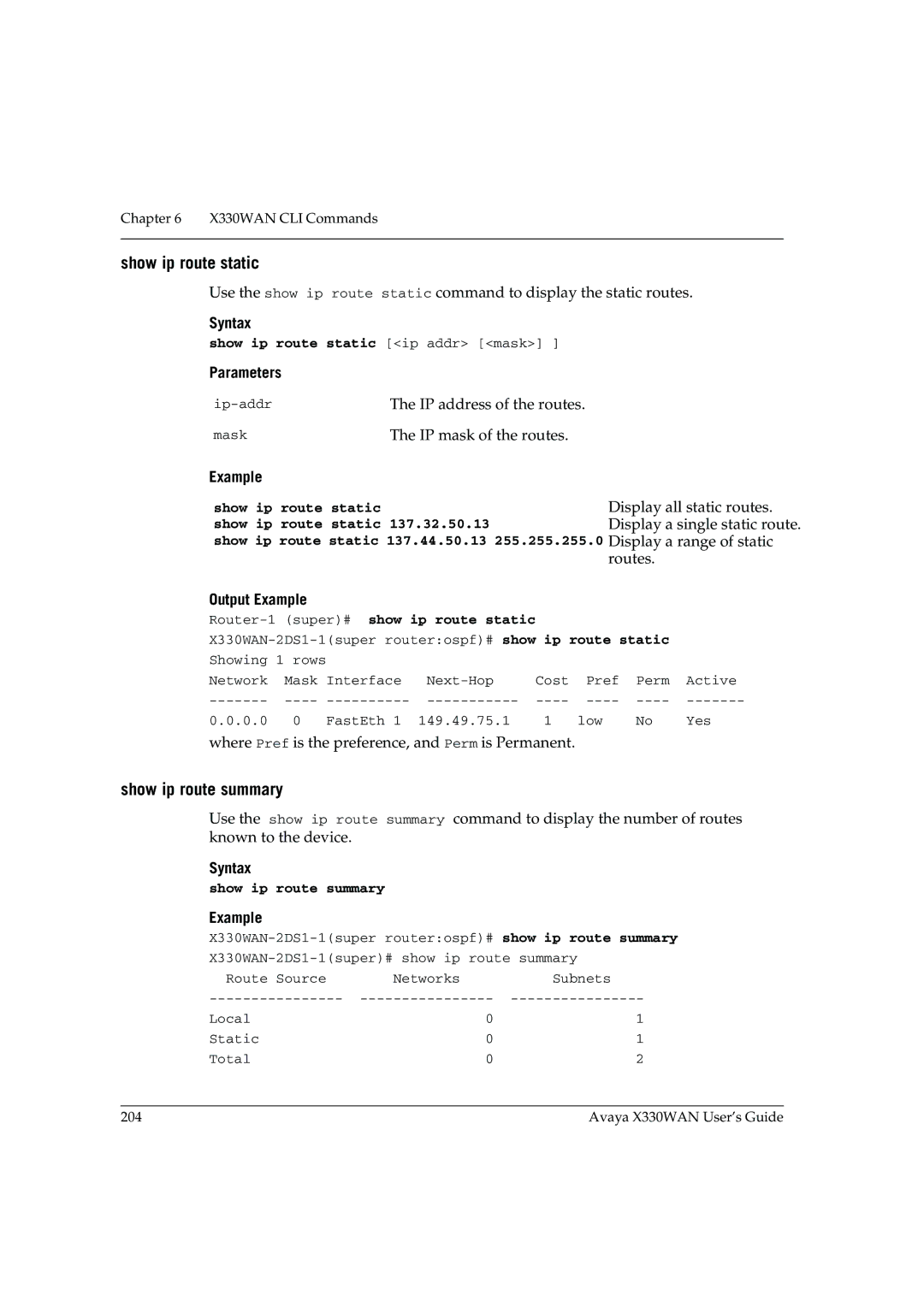 Avaya X330WAN manual Show ip route static, Show ip route summary 