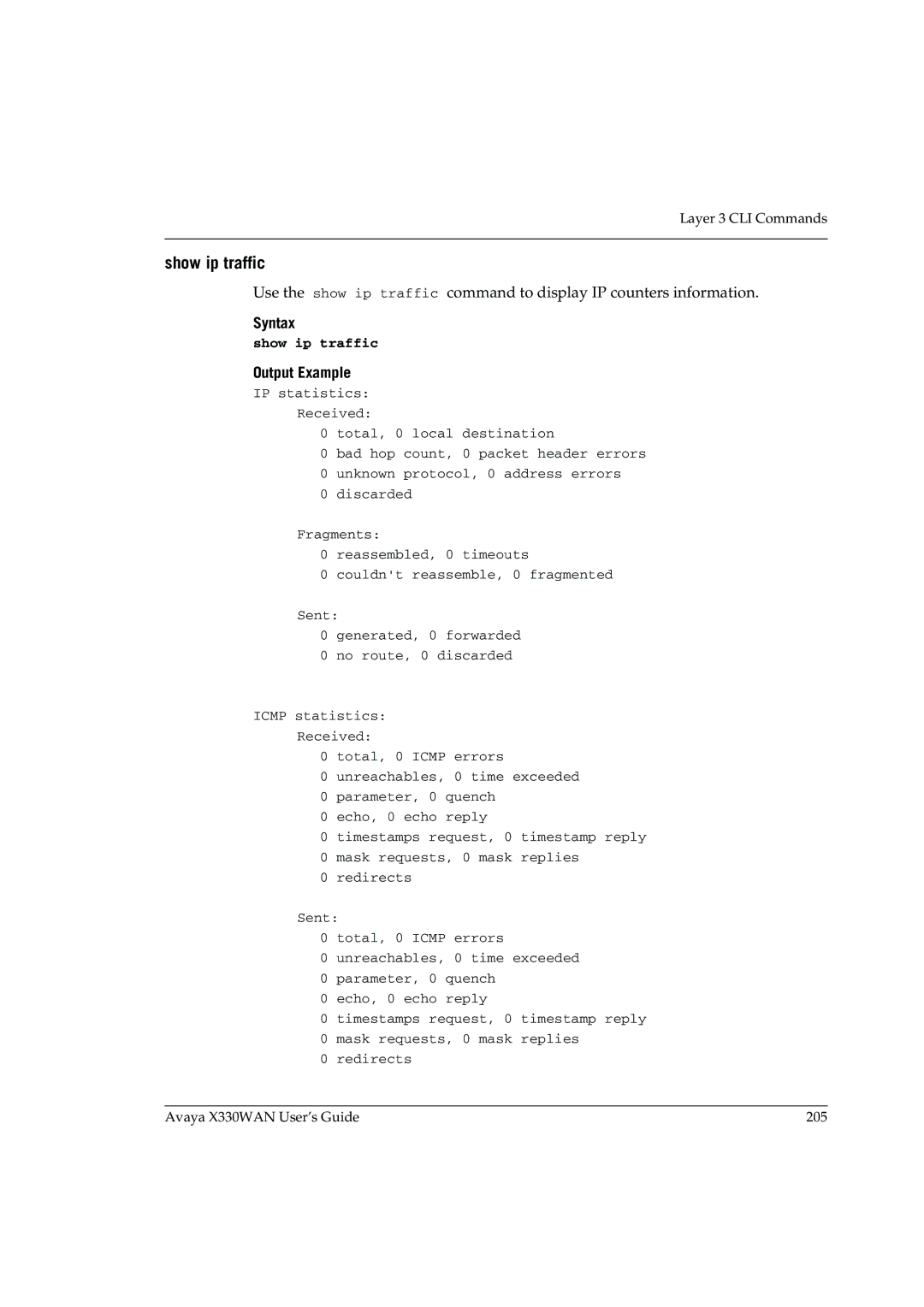 Avaya X330WAN manual Show ip traffic 