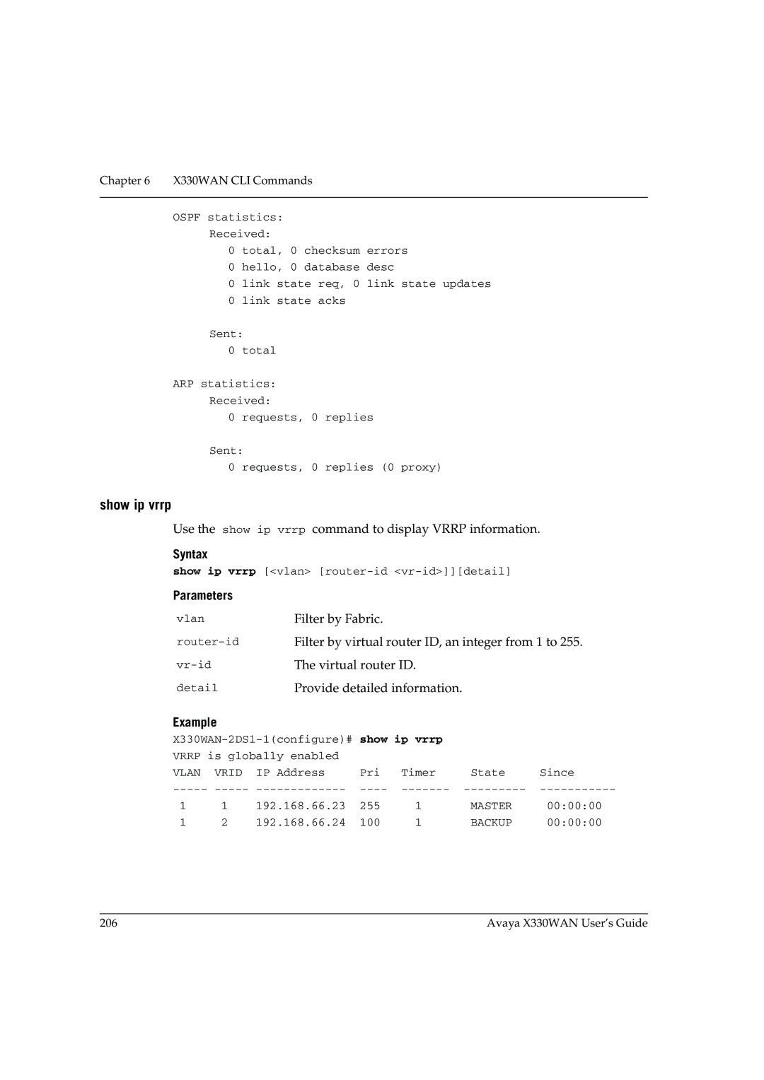 Avaya X330WAN manual Show ip vrrp 