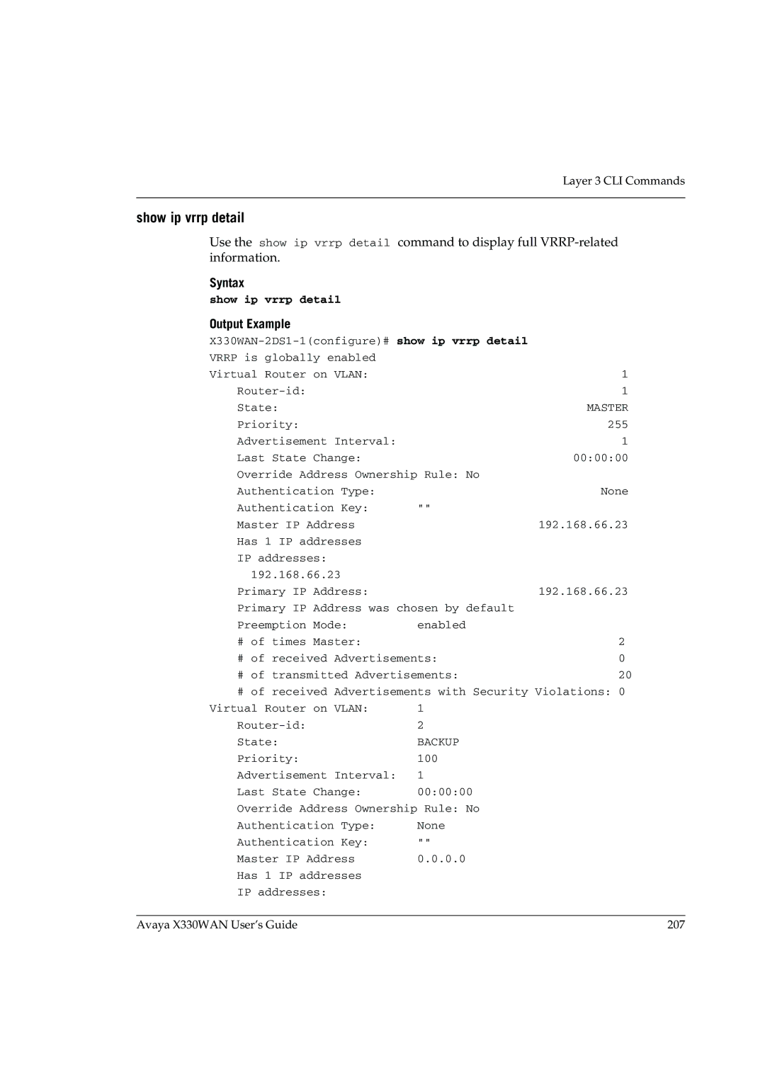 Avaya X330WAN manual Show ip vrrp detail 