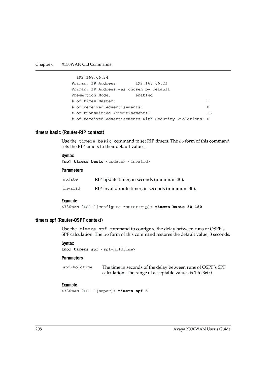 Avaya X330WAN manual Timers basic Router-RIP context, Timers spf Router-OSPF context, No timers basic update invalid 