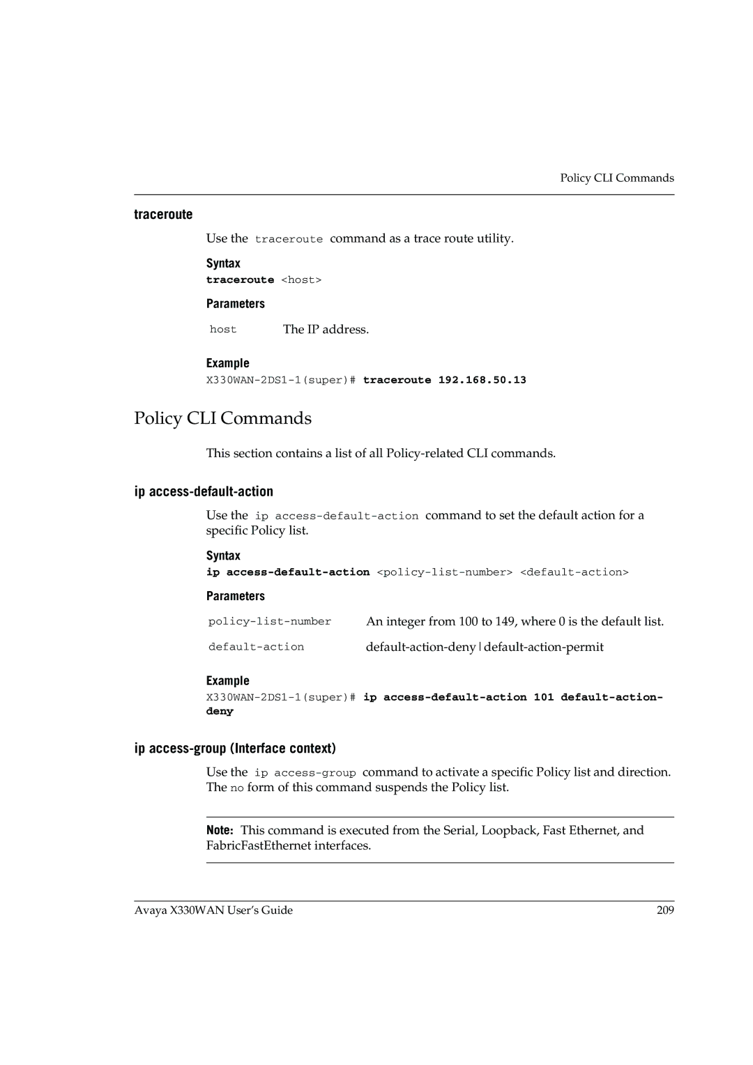 Avaya X330WAN manual Policy CLI Commands, Traceroute, Ip access-default-action, Ip access-group Interface context 