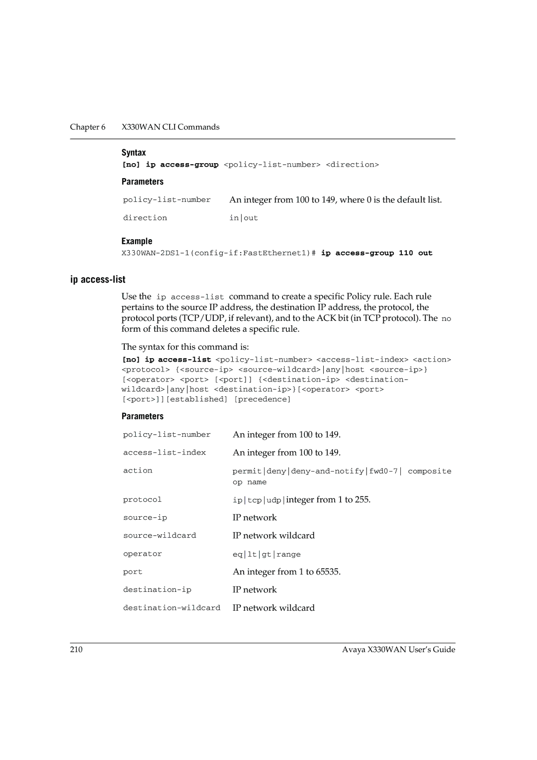 Avaya X330WAN manual Ip access-list 