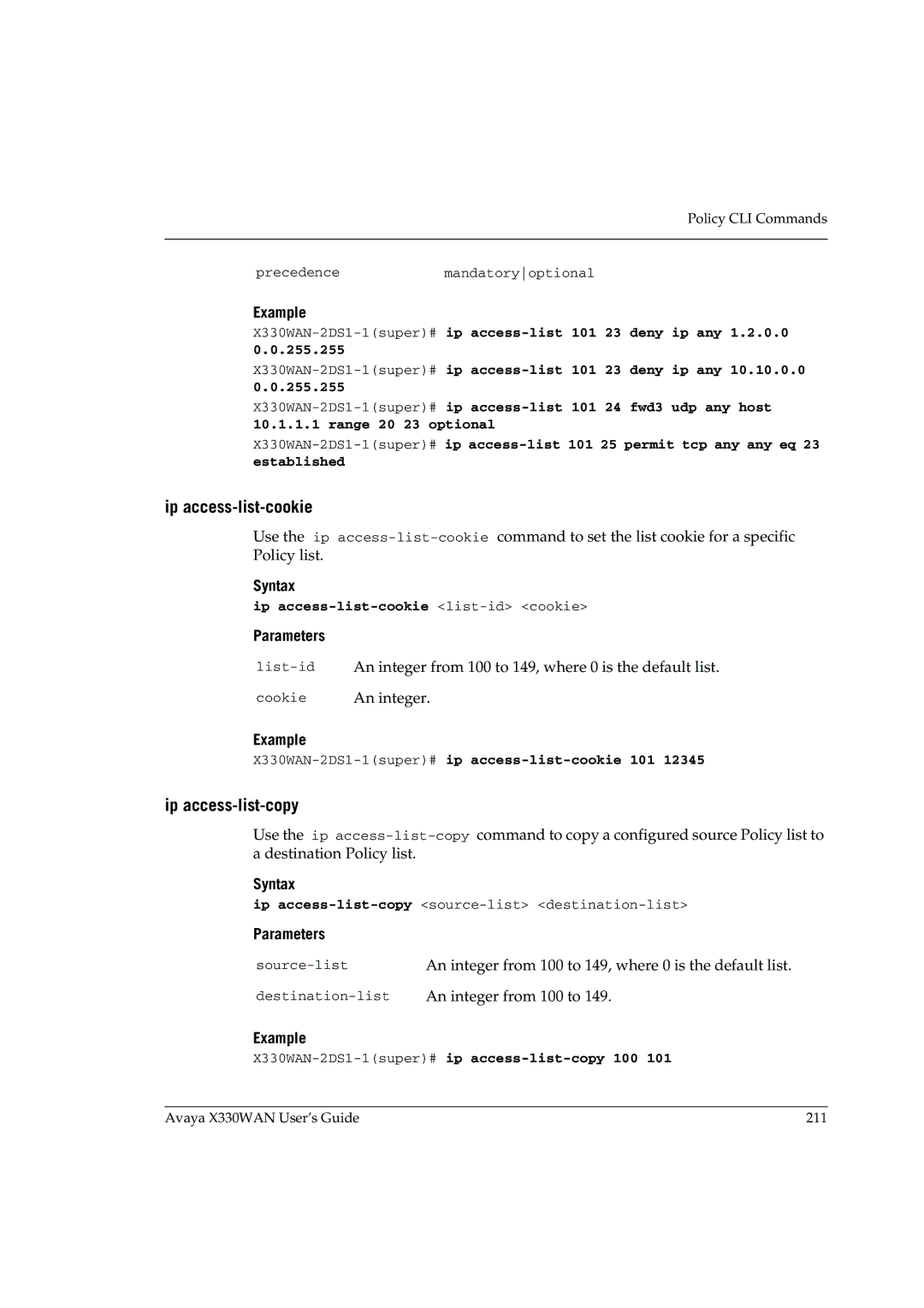 Avaya Ip access-list-copy, Ip access-list-cookie list-id cookie, X330WAN-2DS1-1super#ip access-list-cookie 101 