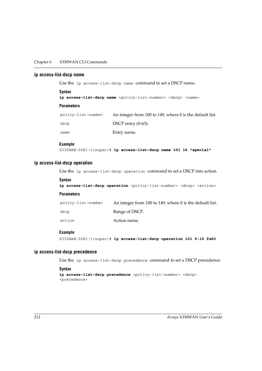 Avaya X330WAN manual Ip access-list-dscp name, Ip access-list-dscp operation, Ip access-list-dscp precedence 