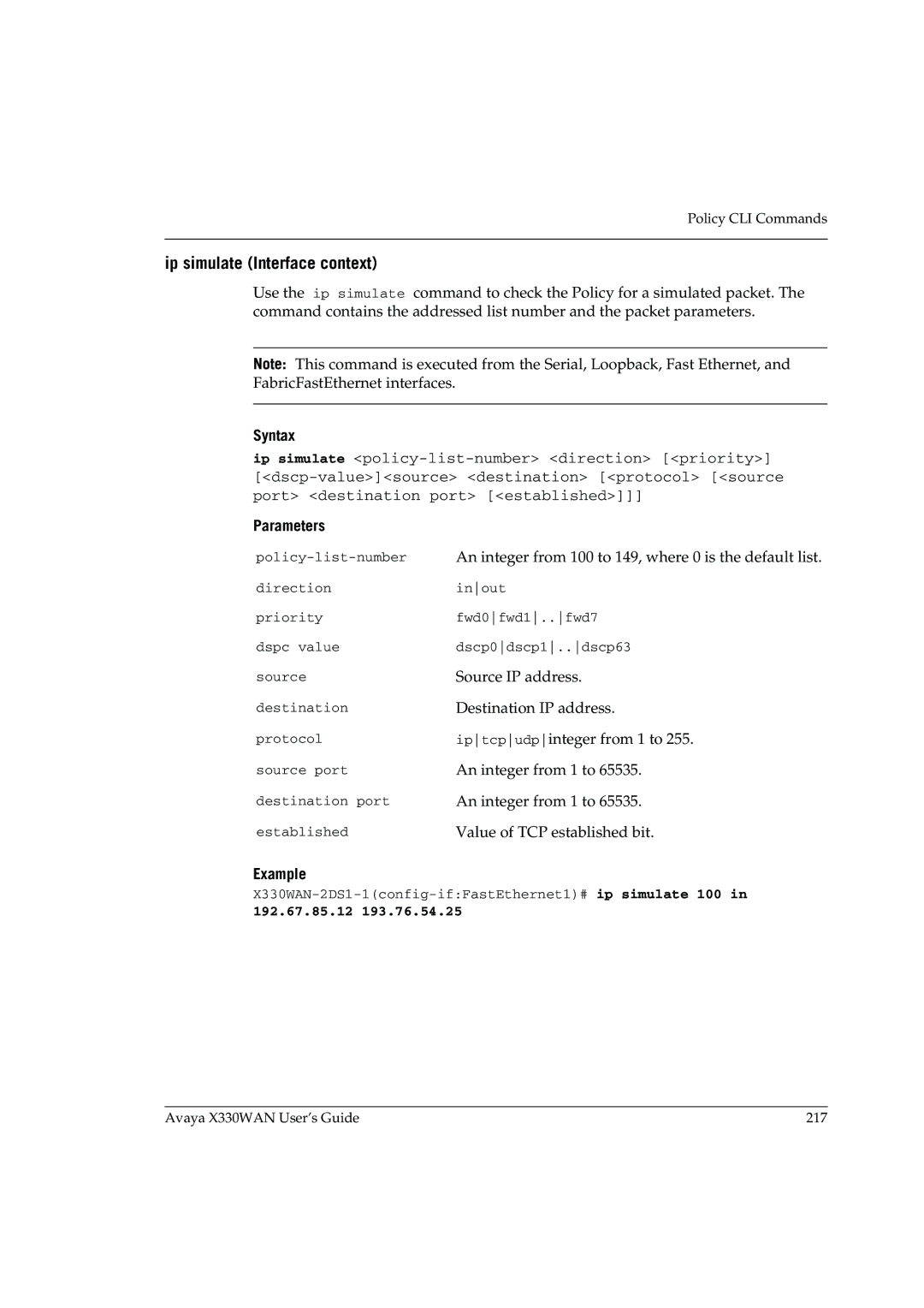 Avaya X330WAN manual Ip simulate Interface context, 192.67.85.12 