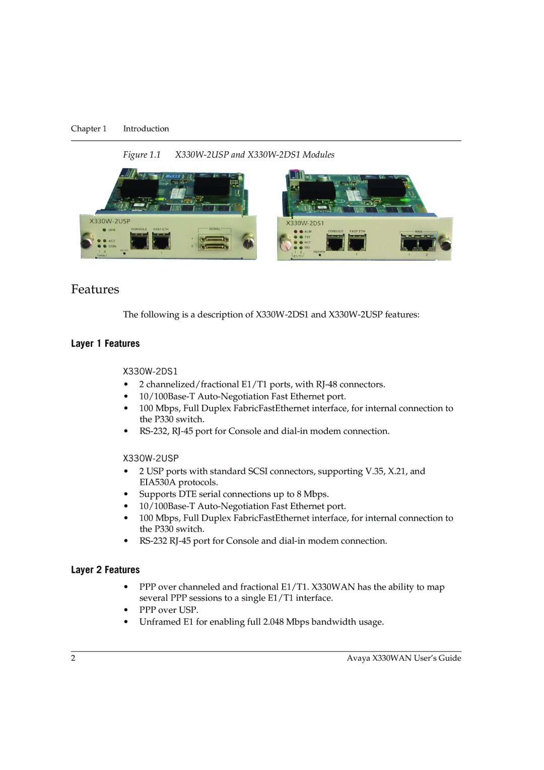 Avaya X330WAN manual Layer 1 Features, Layer 2 Features 