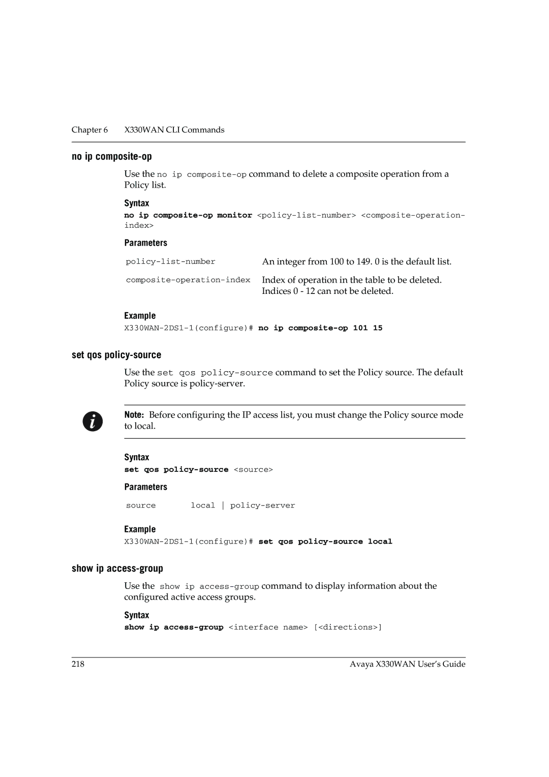 Avaya X330WAN manual No ip composite-op, Show ip access-group, Set qos policy-source source 