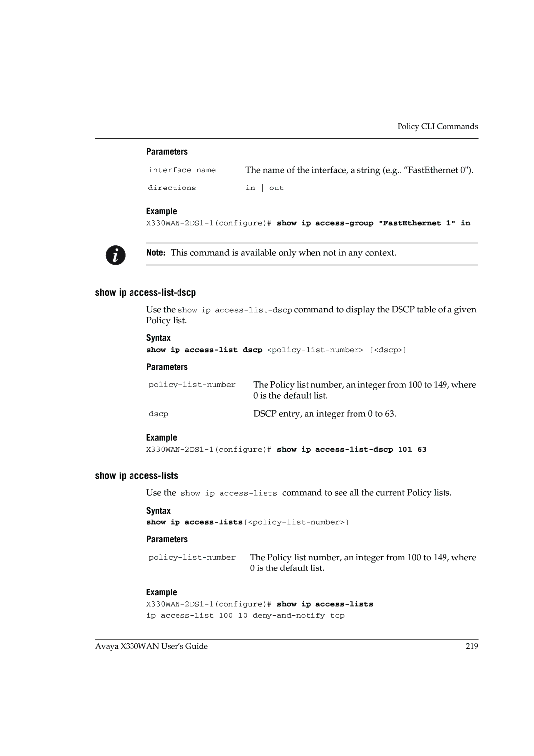 Avaya manual Show ip access-list-dscp, Show ip access-lists, X330WAN-2DS1-1configure#show ip access-group FastEthernet 1 