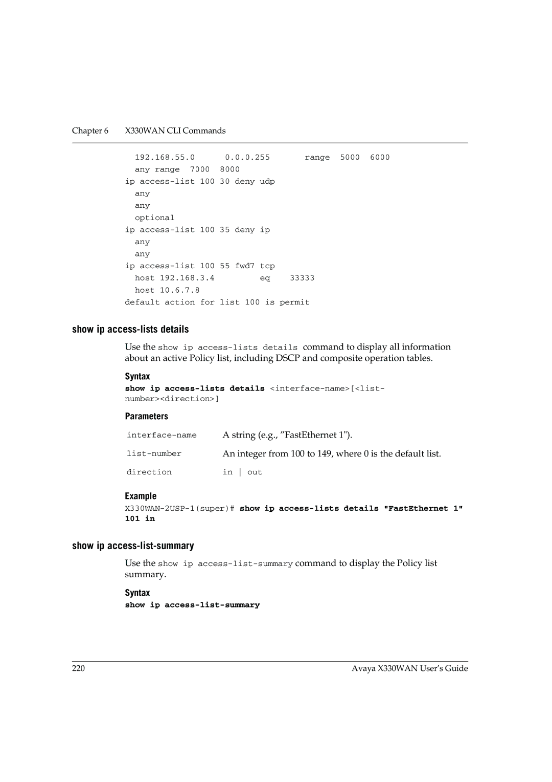 Avaya X330WAN manual Show ip access-lists details, Show ip access-list-summary 