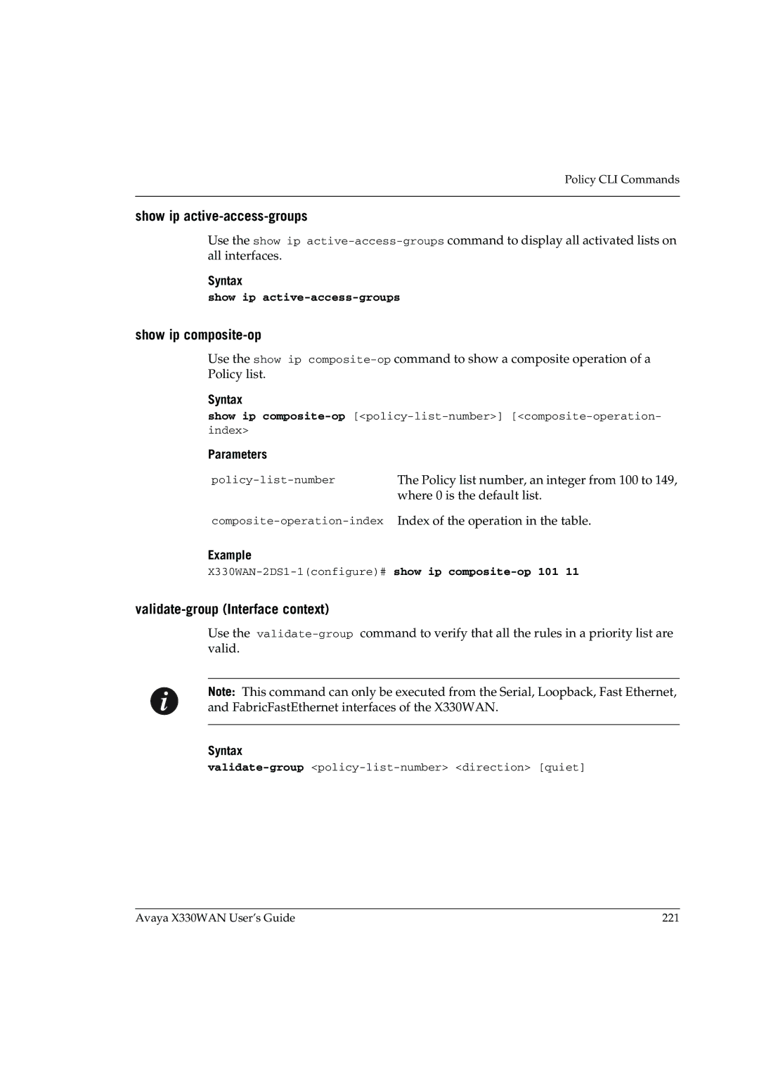 Avaya X330WAN manual Show ip active-access-groups, Show ip composite-op, Validate-group Interface context 