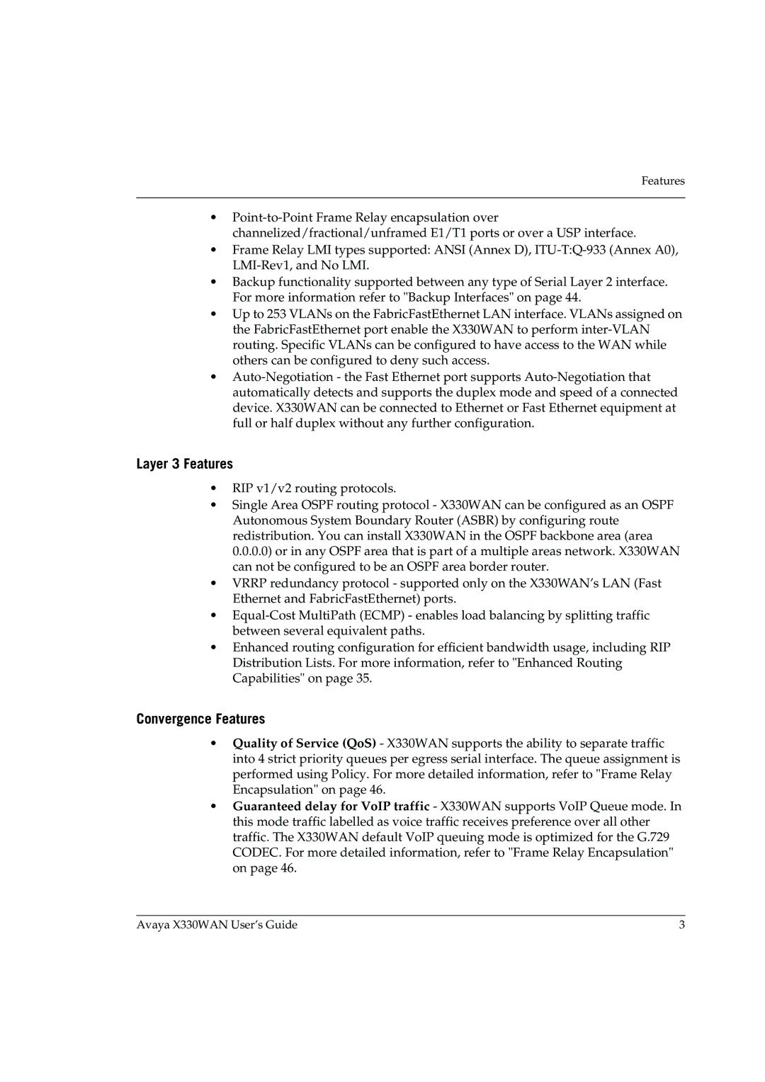 Avaya X330WAN manual Layer 3 Features, Convergence Features 