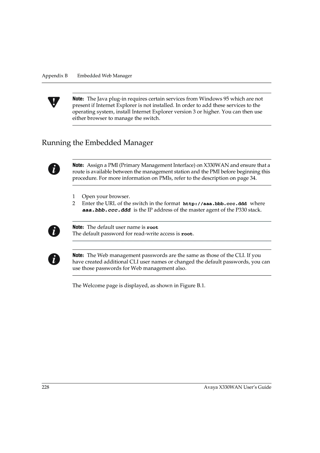 Avaya X330WAN manual Running the Embedded Manager 