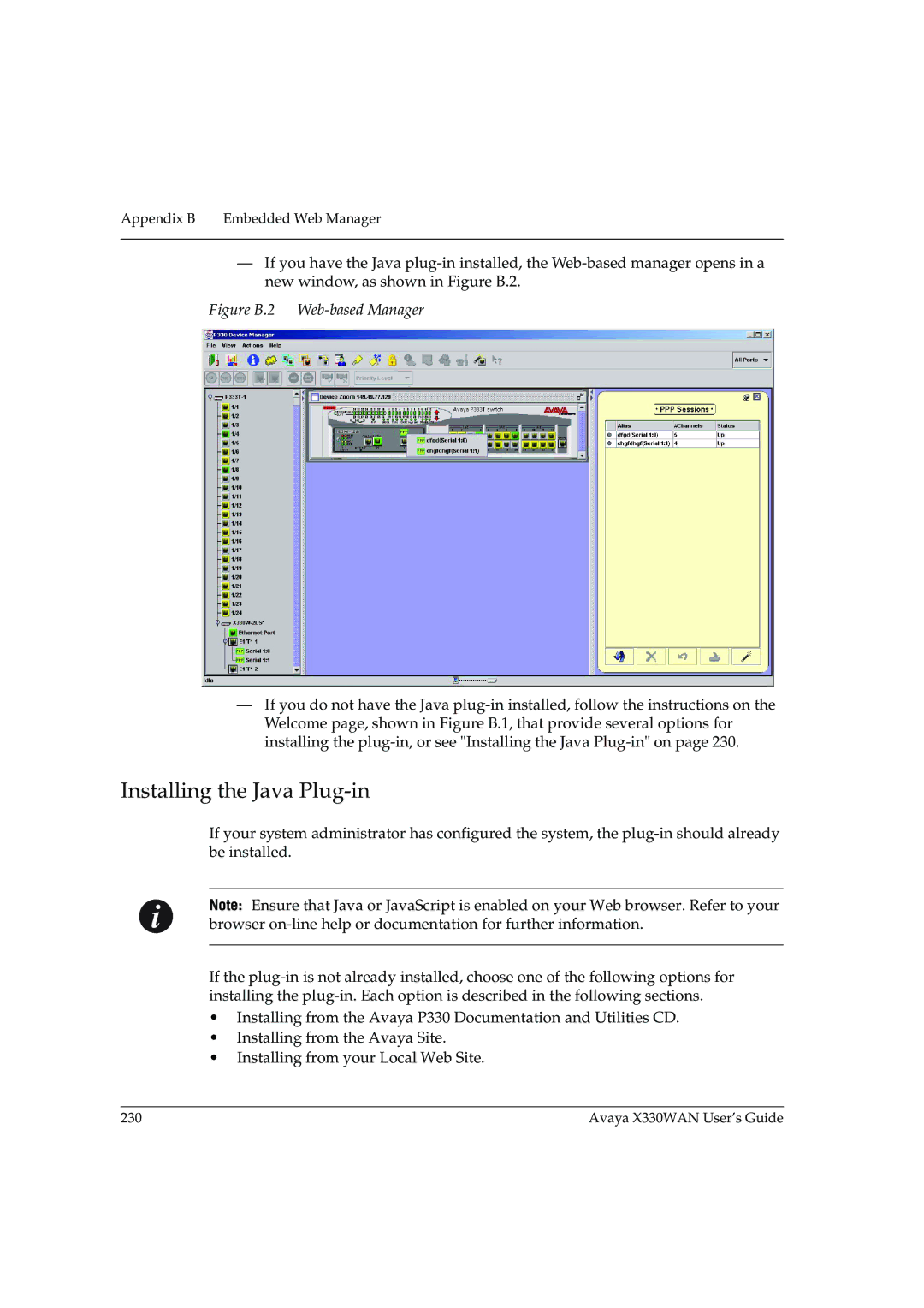 Avaya X330WAN manual Installing the Java Plug-in, Figure B.2 Web-based Manager 