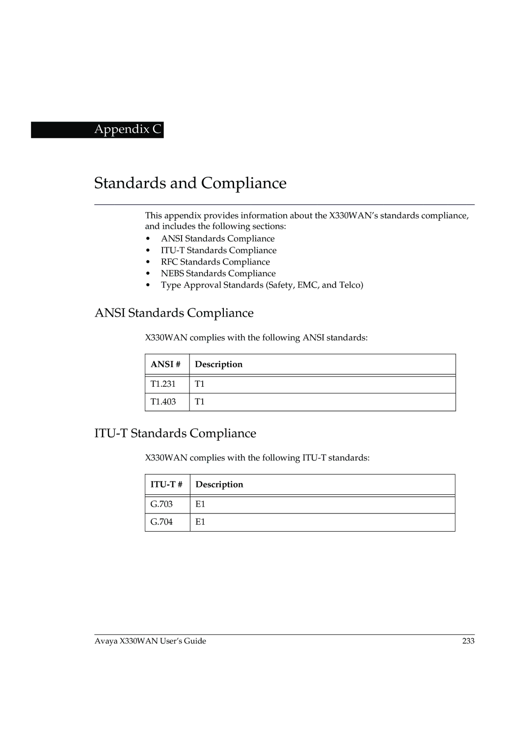 Avaya X330WAN manual Ansi Standards Compliance, ITU-T Standards Compliance, ITU-T # Description 