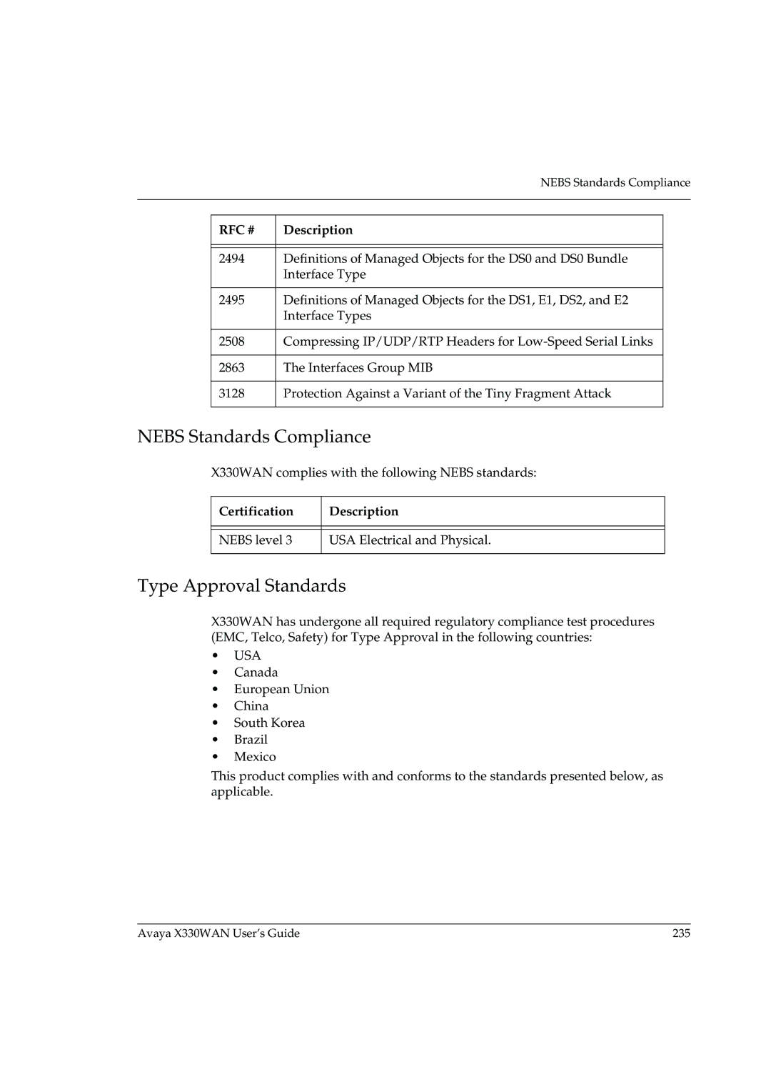 Avaya X330WAN manual Nebs Standards Compliance, Type Approval Standards, Certification Description 