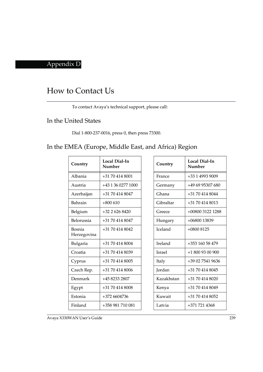 Avaya X330WAN manual United States, Emea Europe, Middle East, and Africa Region, Country Local Dial-In Number 