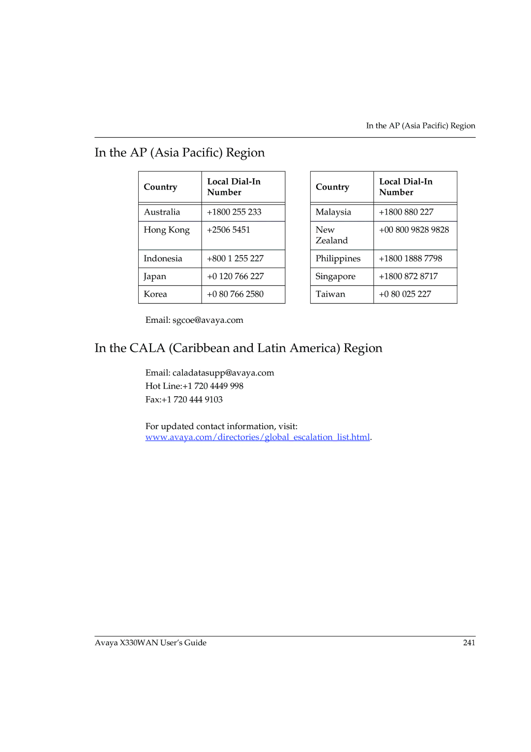 Avaya X330WAN manual AP Asia Pacific Region, Cala Caribbean and Latin America Region 