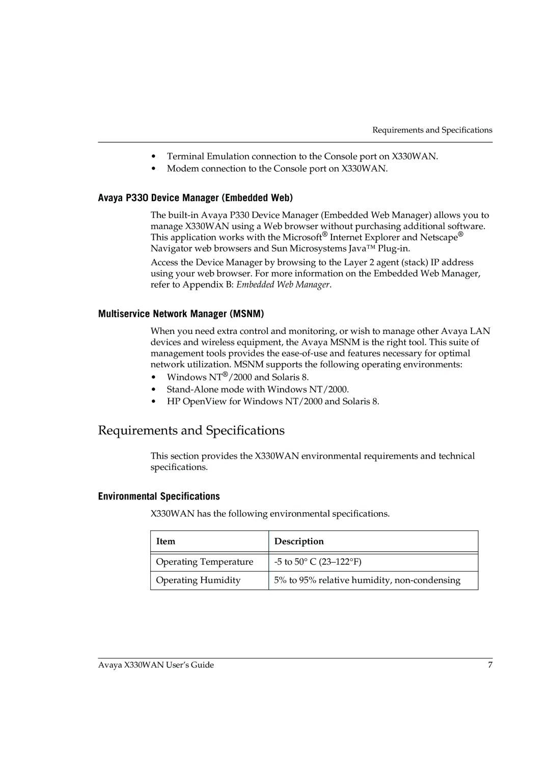 Avaya X330WAN Requirements and Specifications, Avaya P330 Device Manager Embedded Web, Multiservice Network Manager Msnm 