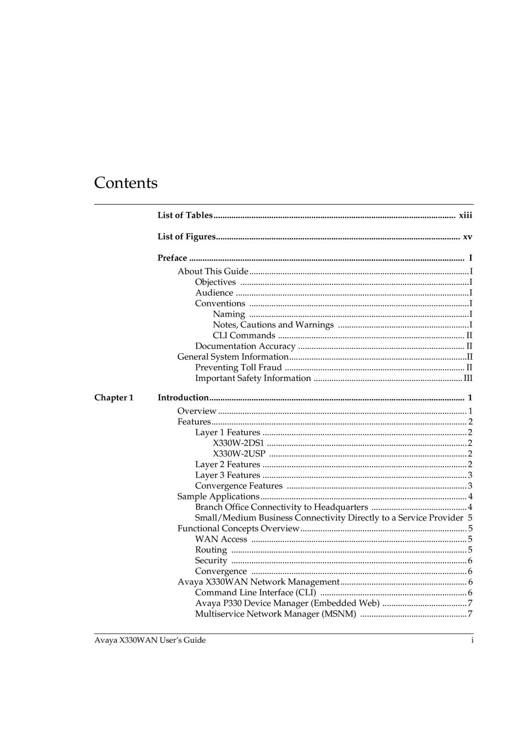 Avaya X330WAN manual Contents 