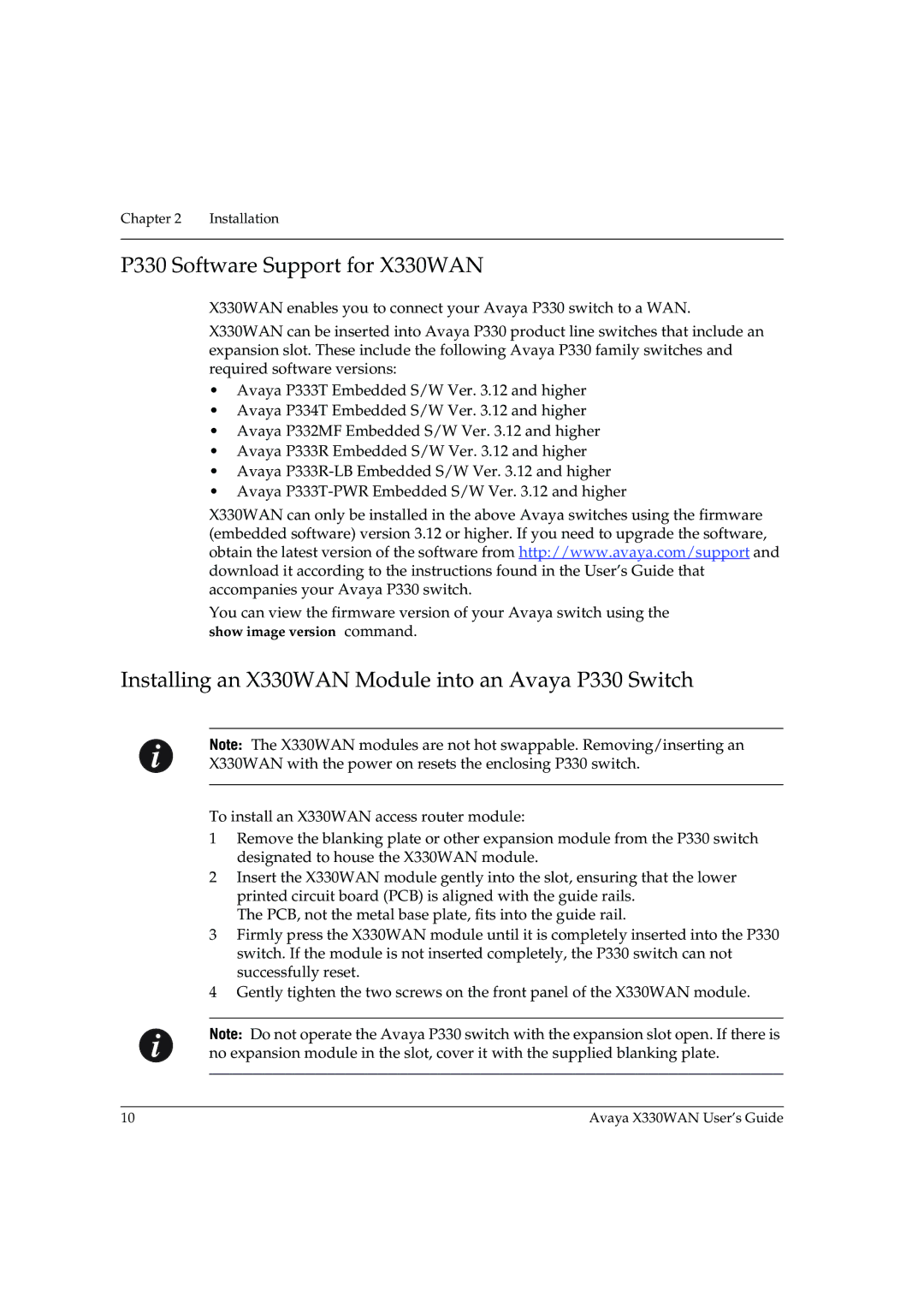 Avaya manual P330 Software Support for X330WAN, Installing an X330WAN Module into an Avaya P330 Switch 