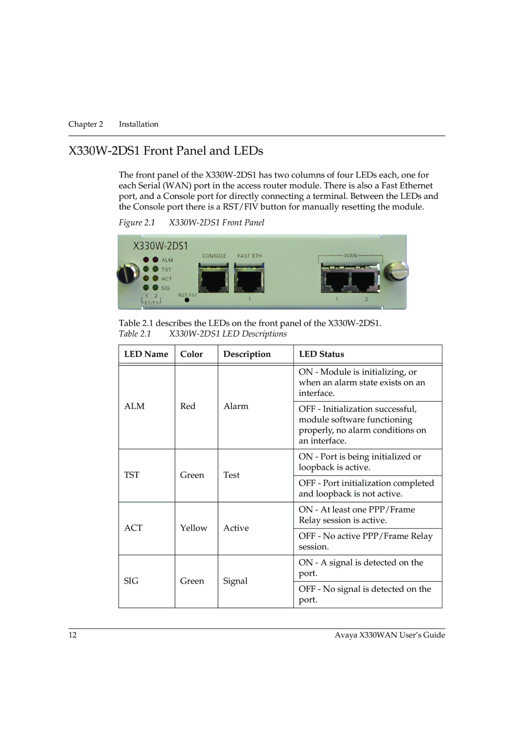 Avaya X330WAN manual X330W-2DS1 Front Panel and LEDs, LED Name Color Description LED Status 