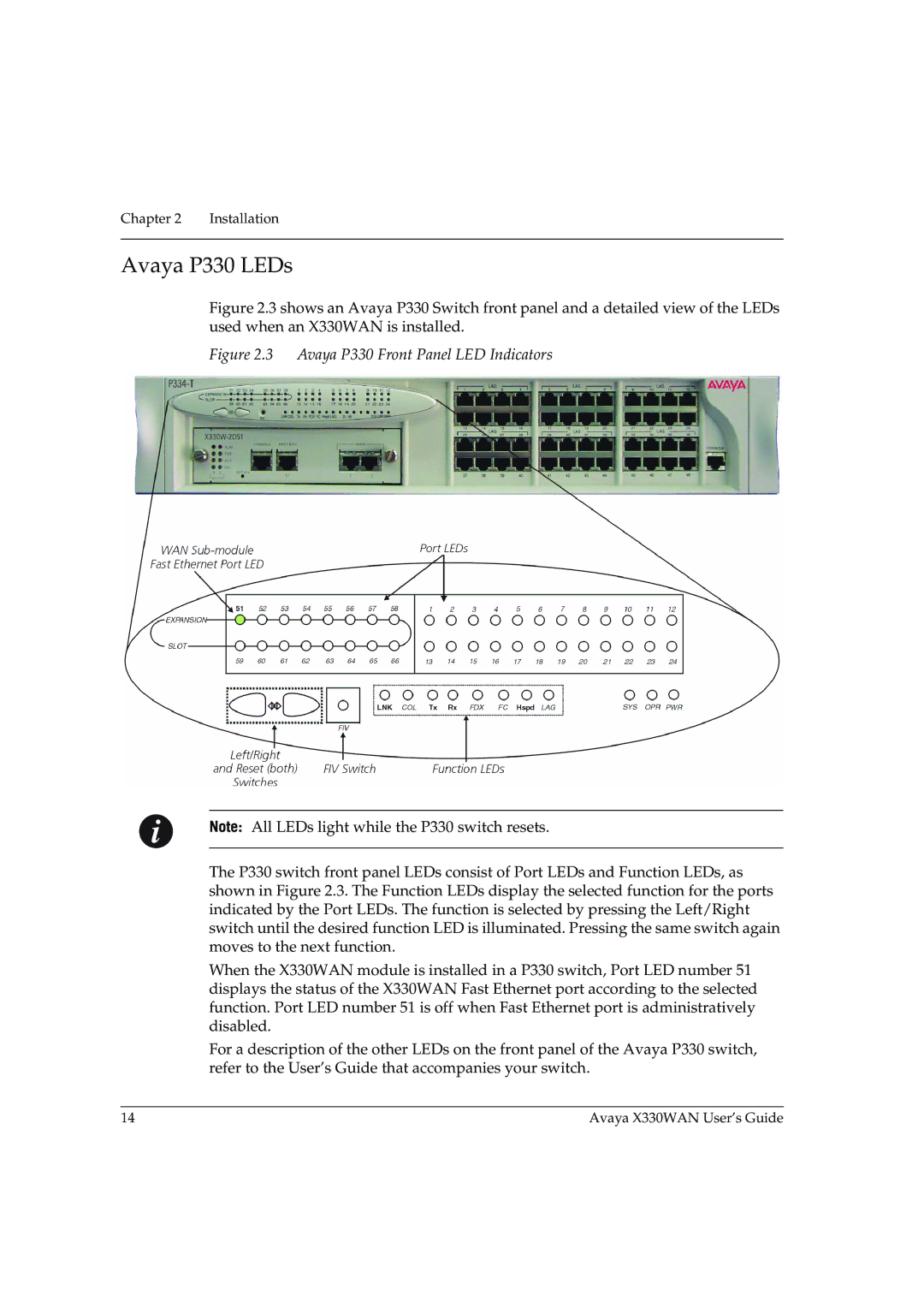 Avaya X330WAN manual Avaya P330 LEDs, Avaya P330 Front Panel LED Indicators 