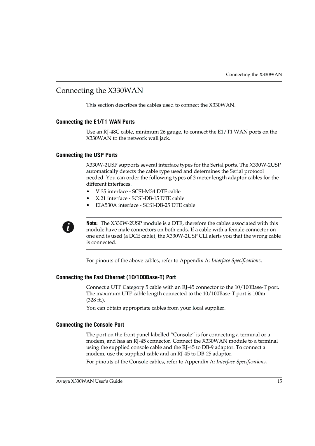 Avaya Connecting the X330WAN, Connecting the E1/T1 WAN Ports, Connecting the USP Ports, Connecting the Console Port 