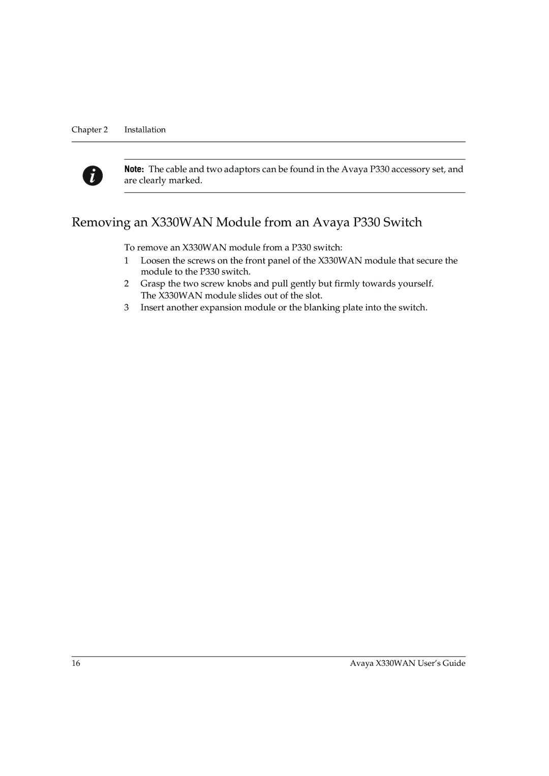 Avaya manual Removing an X330WAN Module from an Avaya P330 Switch 