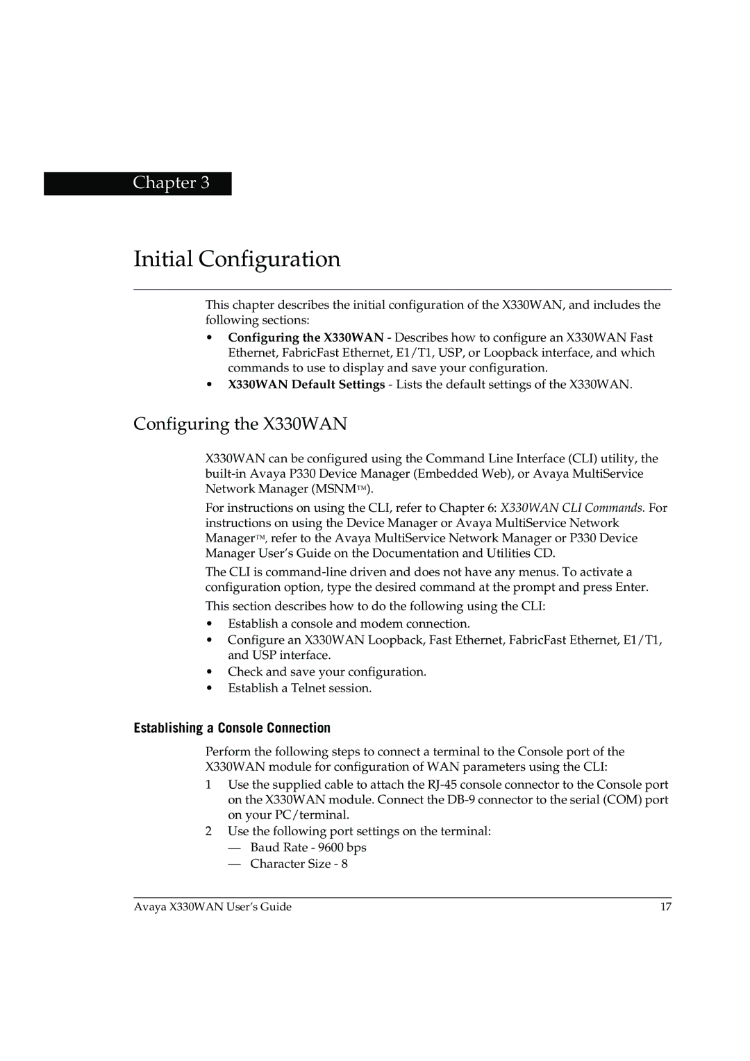 Avaya manual Configuring the X330WAN, Establishing a Console Connection 