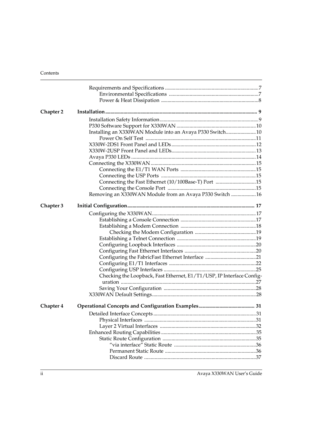 Avaya X330WAN Chapter Installation, Chapter Initial Configuration, Chapter Operational Concepts and Configuration Examples 