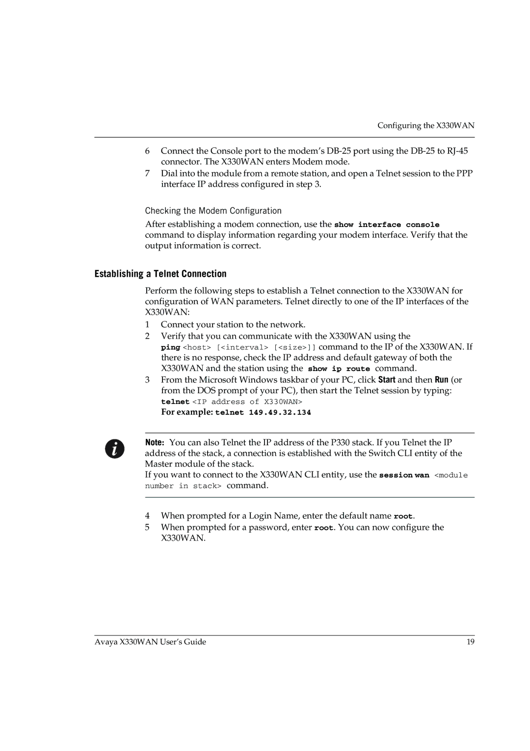 Avaya X330WAN manual Establishing a Telnet Connection, For example telnet 