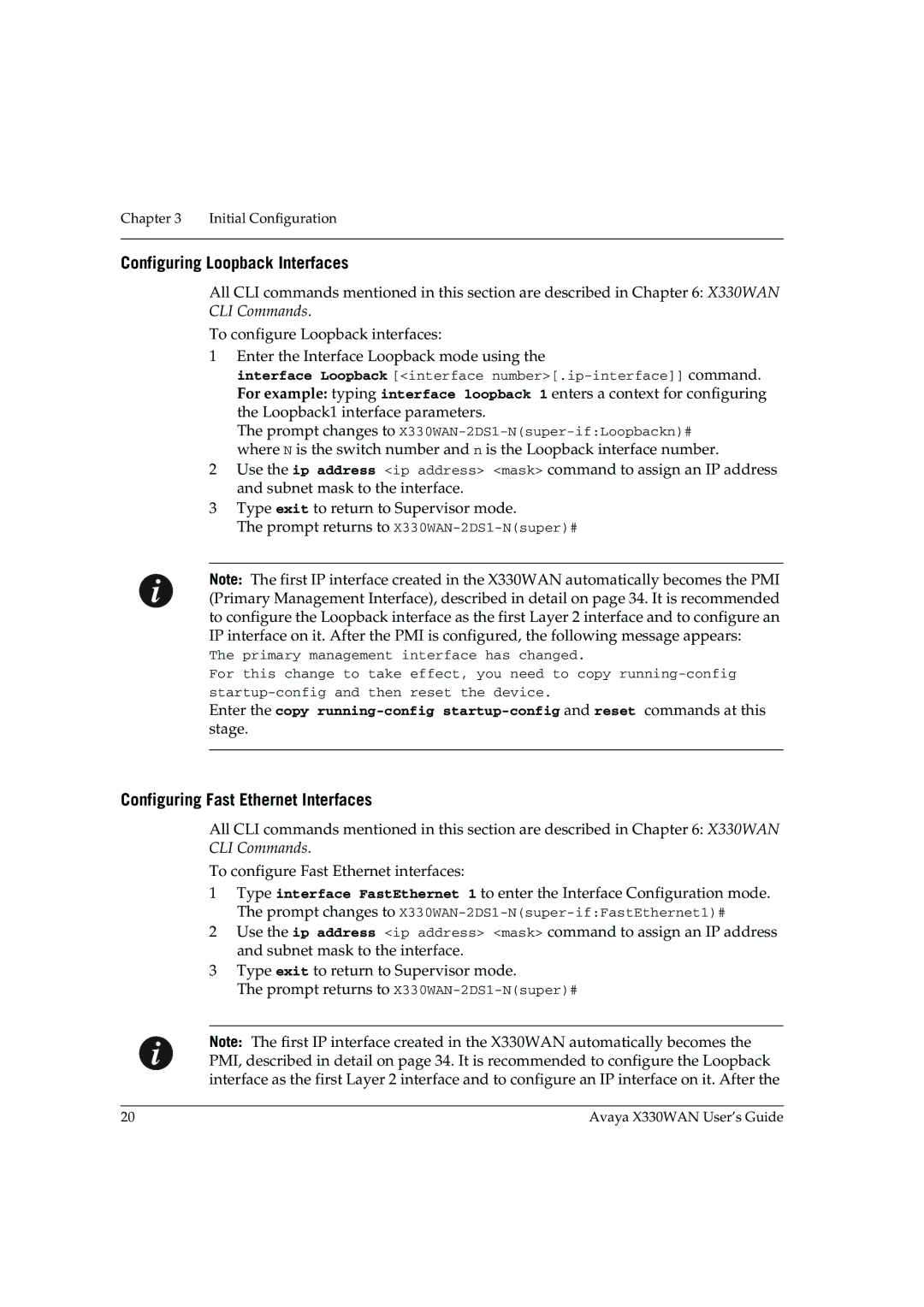 Avaya X330WAN manual Configuring Loopback Interfaces, Configuring Fast Ethernet Interfaces 