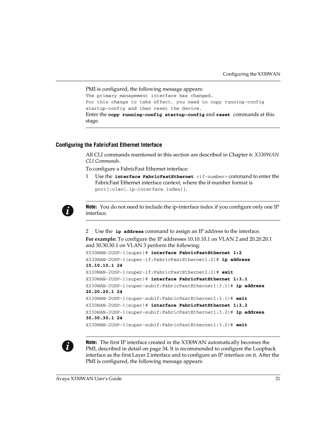 Avaya manual Configuring the FabricFast Ethernet Interface, X330WAN-2USP-1super#interface FabricFastEthernet, 10.10.10.1 