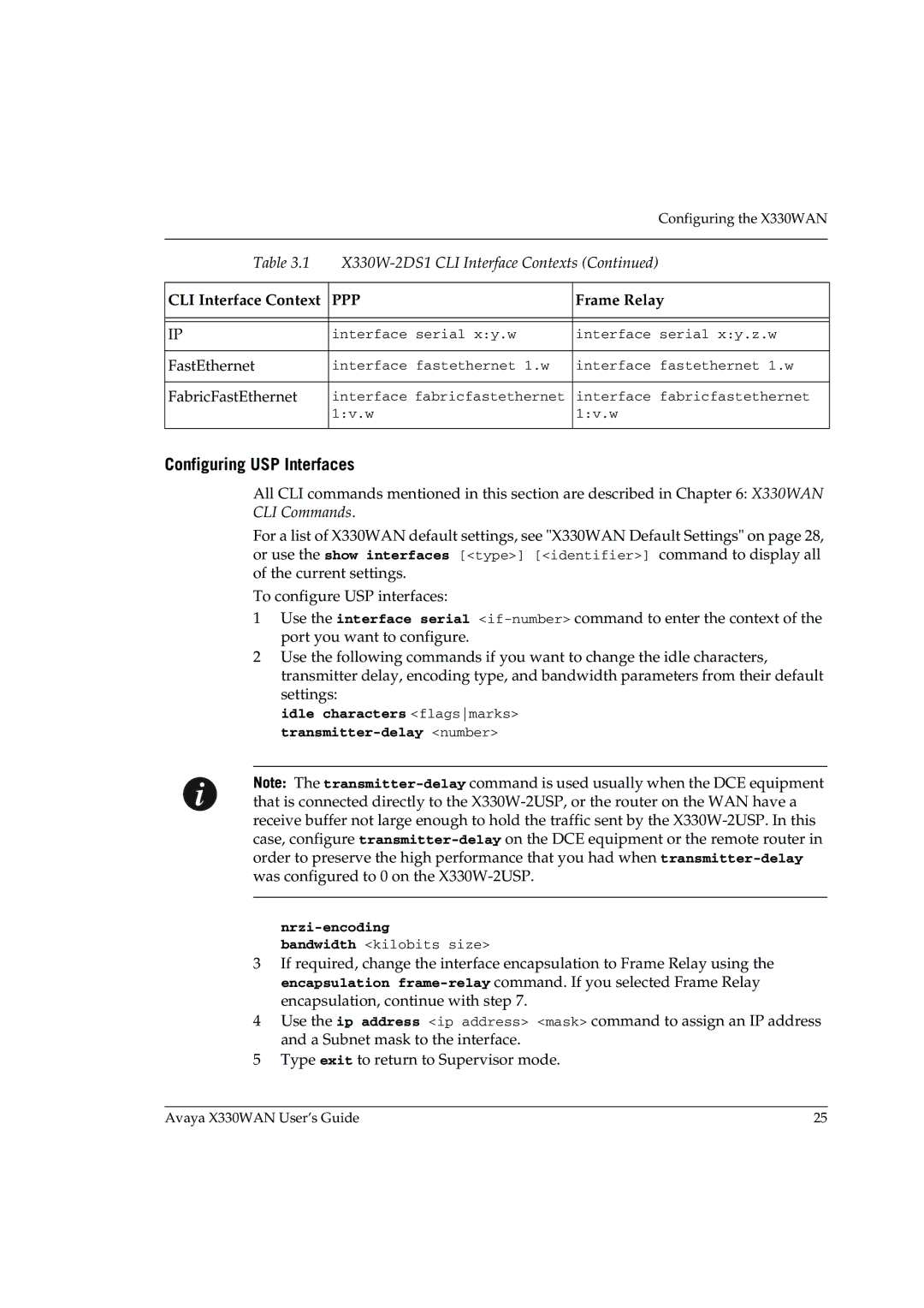 Avaya X330WAN manual Configuring USP Interfaces, CLI Interface Context, Frame Relay 