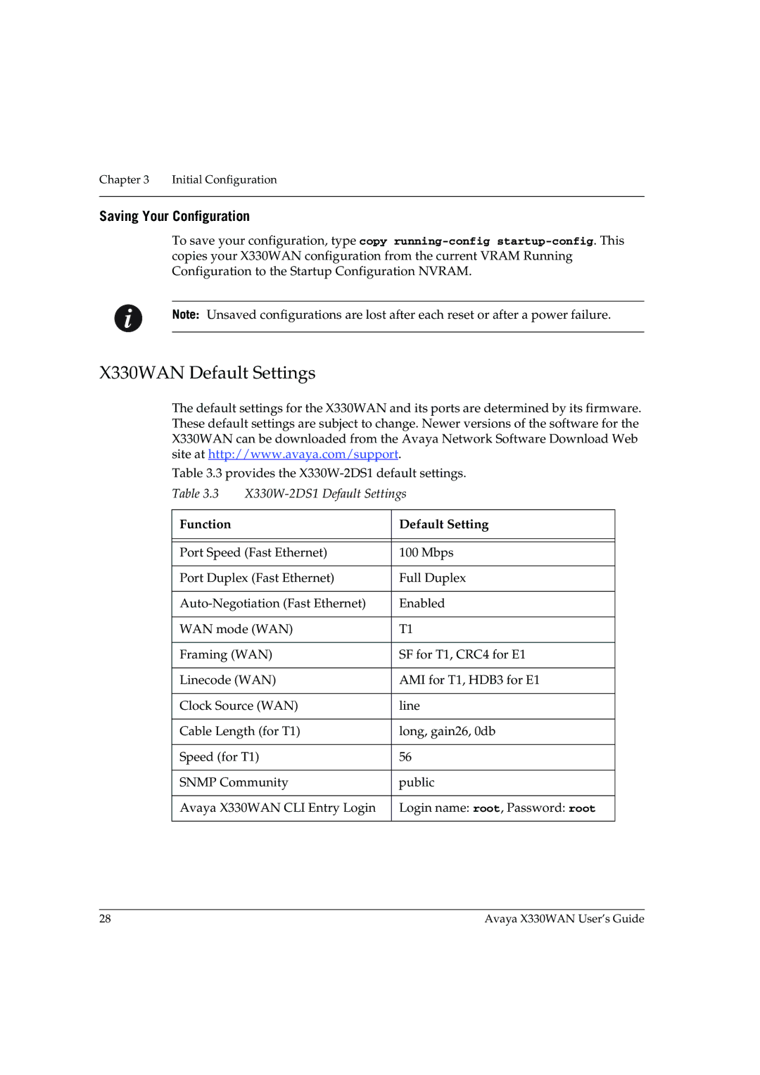 Avaya manual X330WAN Default Settings, Saving Your Configuration 