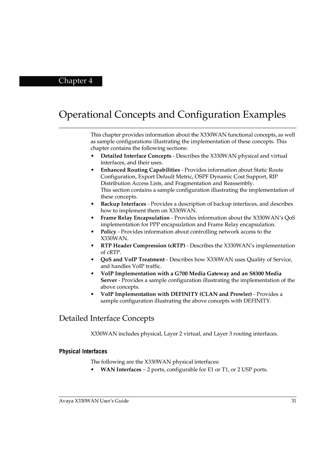 Avaya X330WAN manual Detailed Interface Concepts, Physical Interfaces 