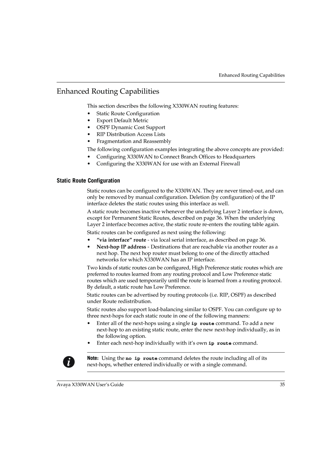 Avaya X330WAN manual Enhanced Routing Capabilities, Static Route Configuration 